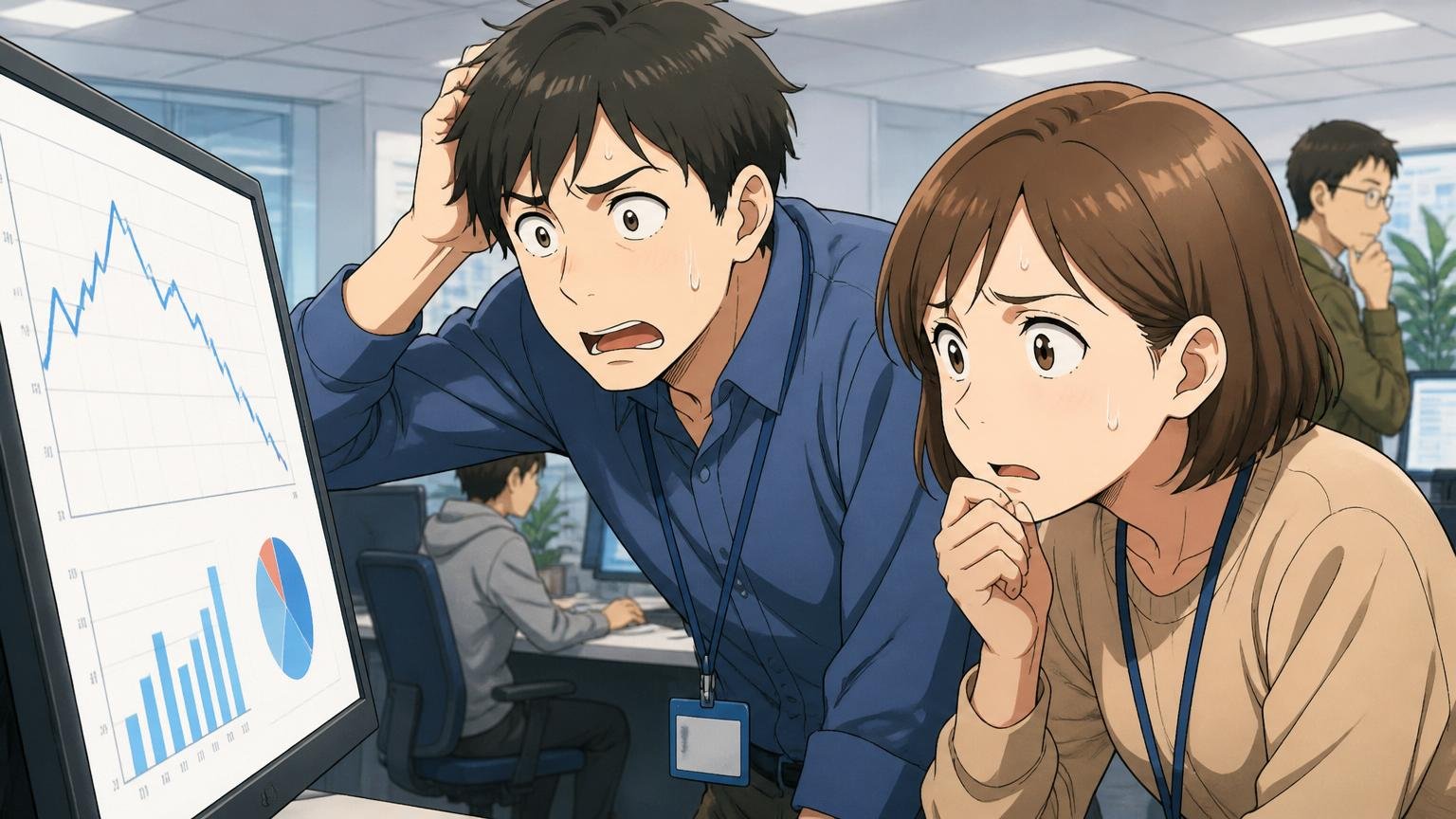 業績の浮き沈み、IT企業のフロアで社員2人が売上グラフのモニターを見て不安そうな表情