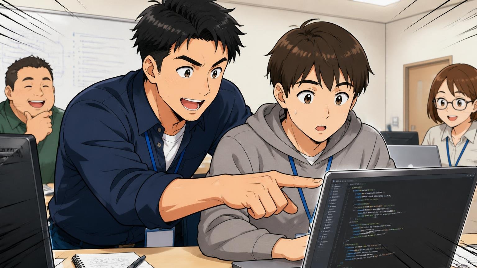 研修ルームで講師役の先輩エンジニアが未経験の新人につきっきりでパソコン画面を指さし教えている様子