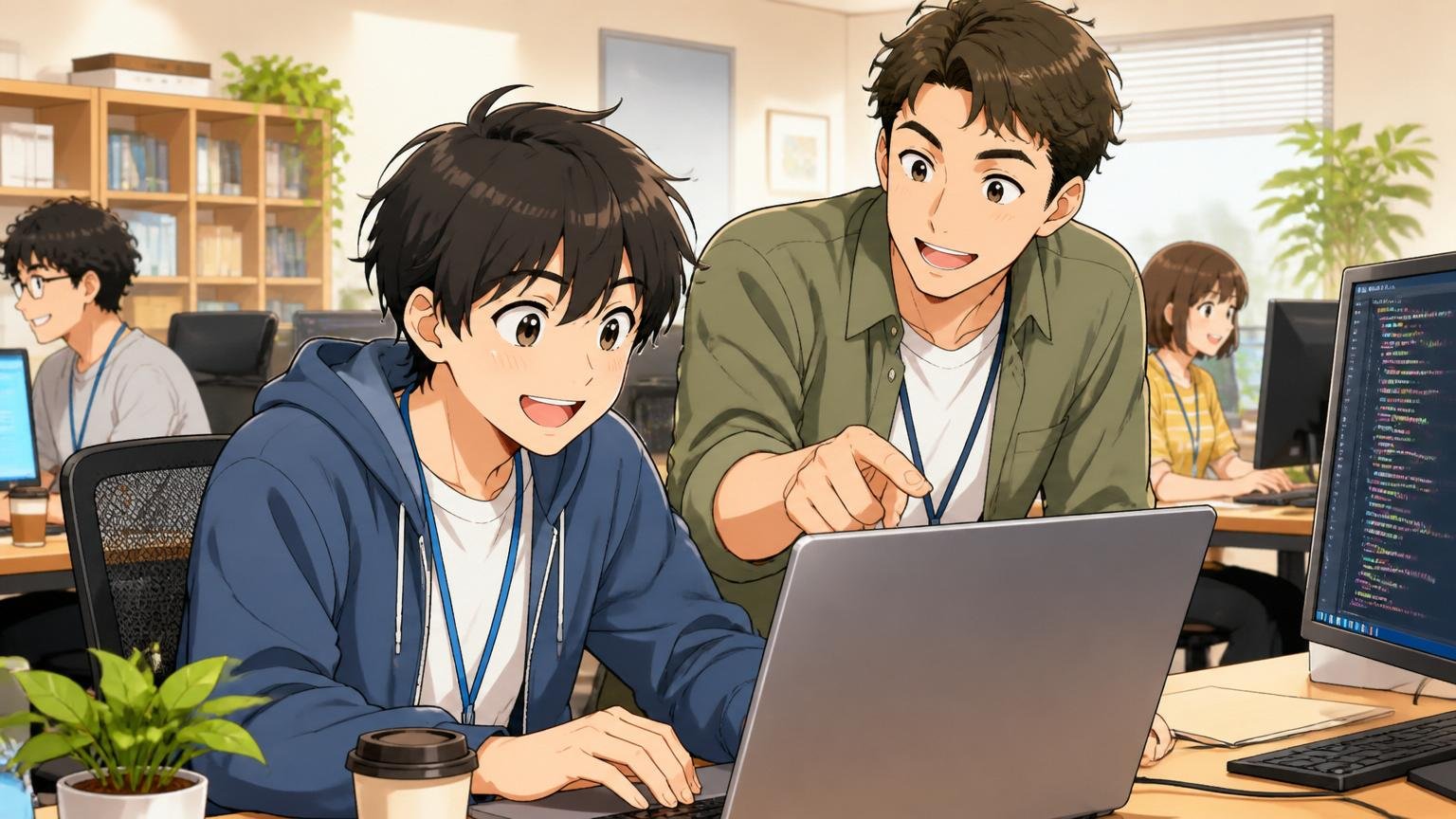未経験から働きながら学べる喜び、Web系スタートアップのオフィスで先輩に教わる20代男性が笑顔でPCを見る