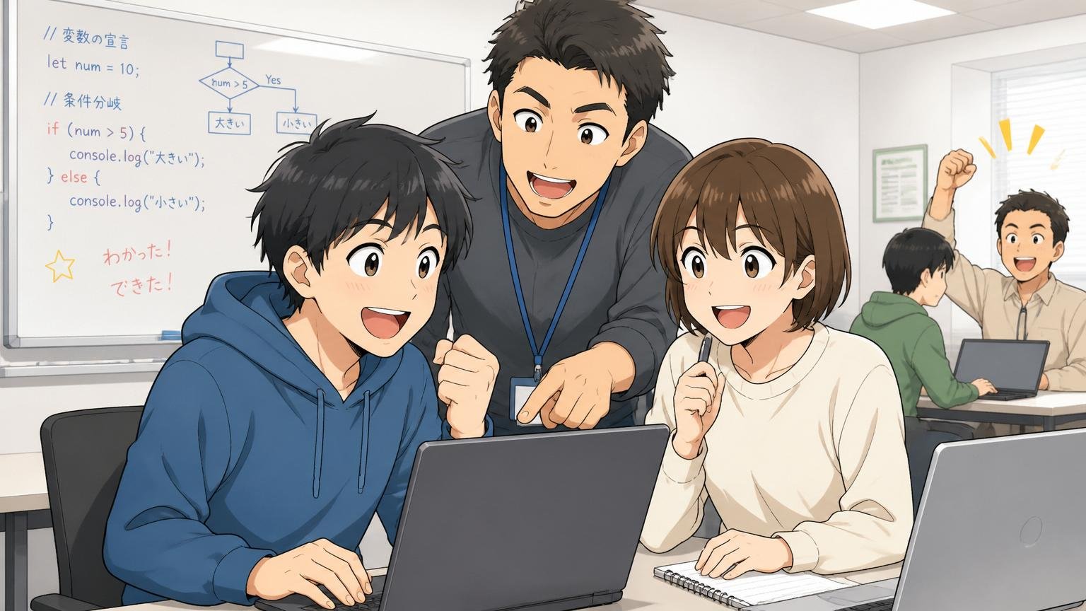 未経験から学んで成長する新人エンジニア、IT企業の研修ルームで2人が先輩に教わり笑顔で学ぶ