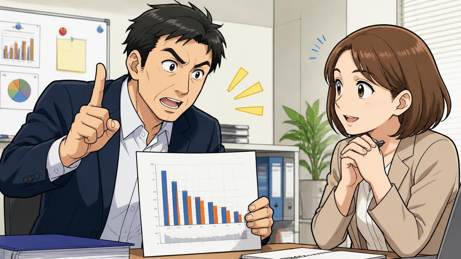 低評価の数字を鵜呑みにしてはいけない理由。オフィスで棒グラフの資料を前に注意を促す指を立てる40代男性1人とうなずく女性1人