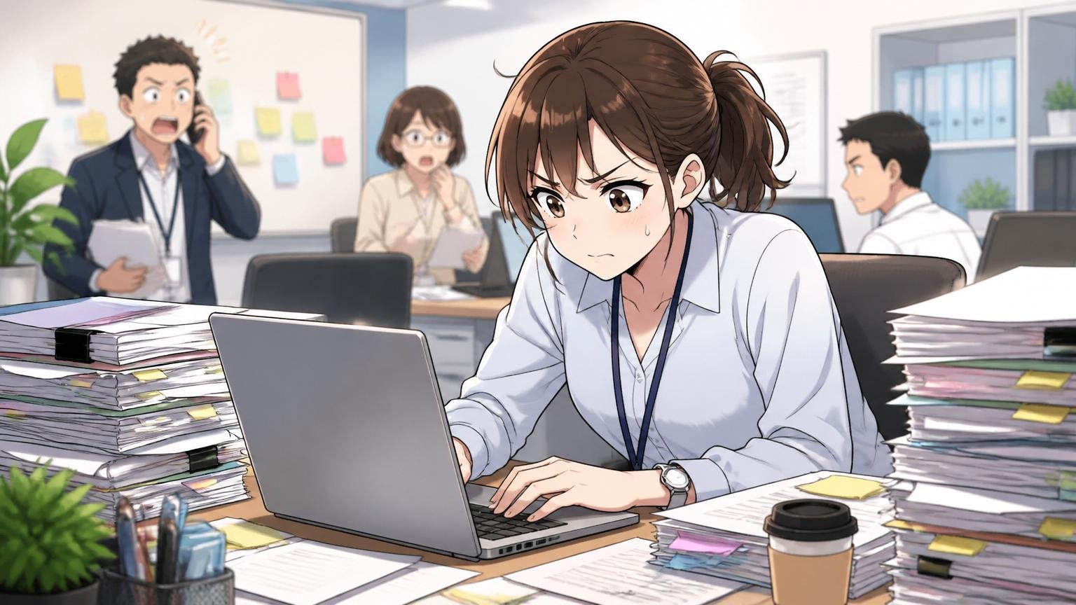 HR系スタートアップのオフィスで、20代女性社員が山積みのタスクに眉をひそめPCに向かう