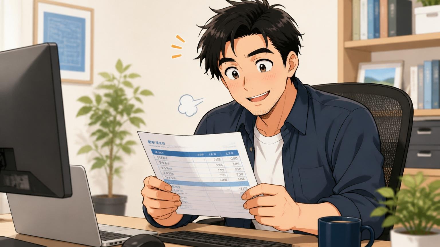 給与は低くない。自宅のデスクで給与明細を見ながら、ほっと安心した表情を浮かべる男性エンジニア1人