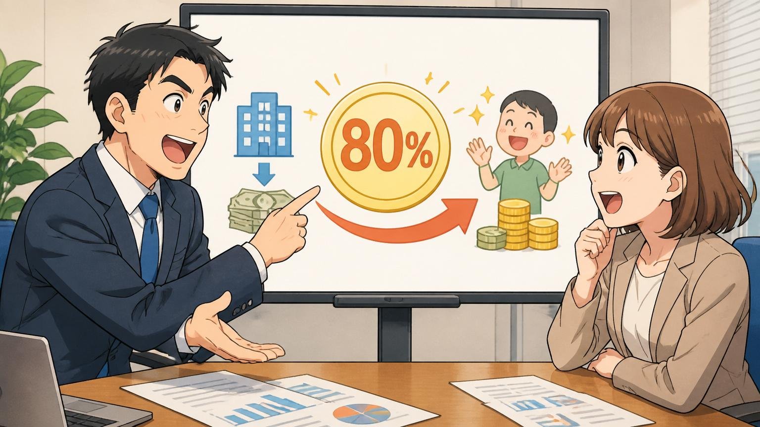 「80%還元」とは何かを説明する。企業の会議室で資料を指す男性社員と聞く女性社員の2人
