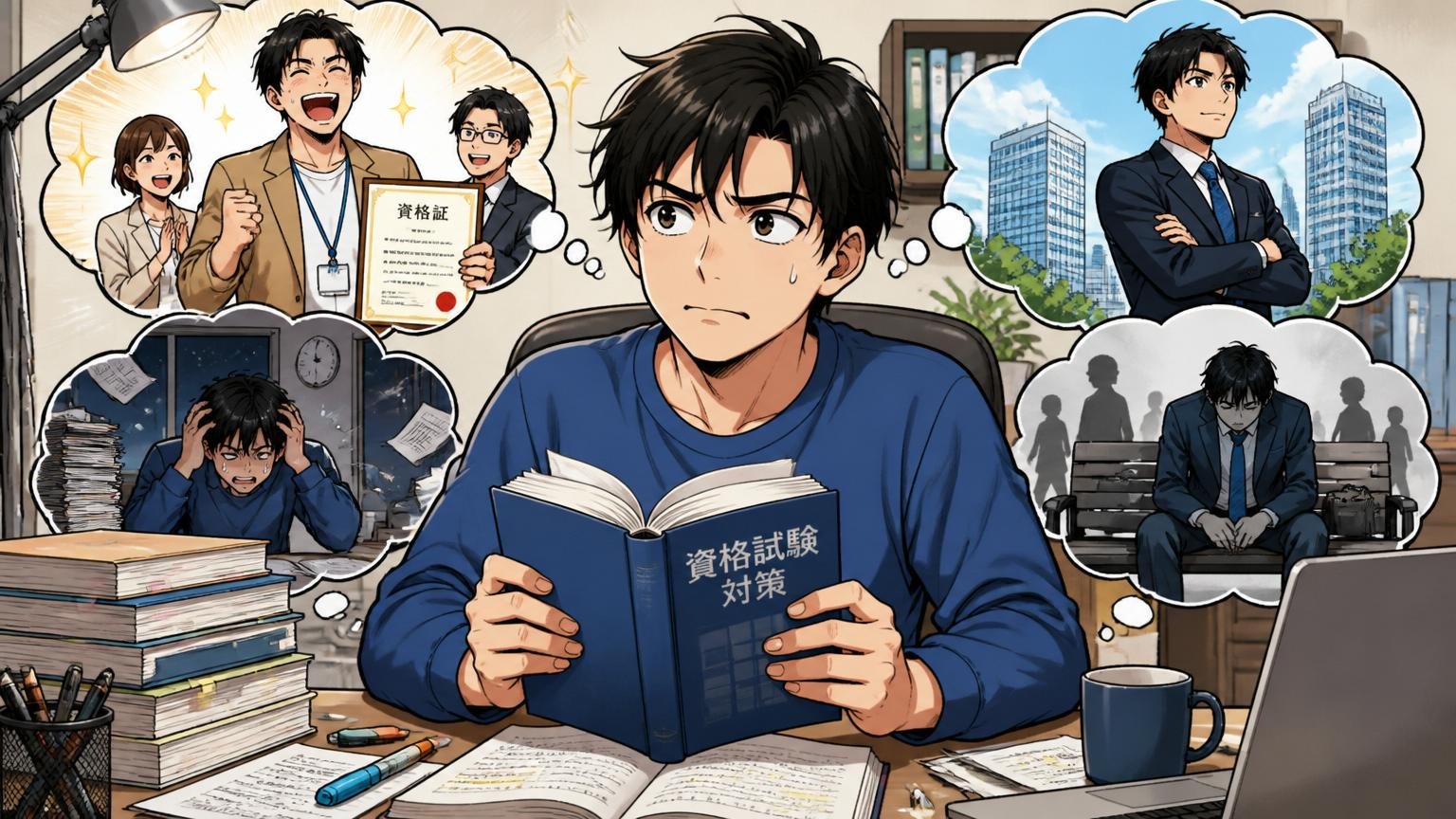 完全資格主義の光と影。自宅のデスクで男性エンジニアが資格の参考書を握りしめ複雑な表情を浮かべる