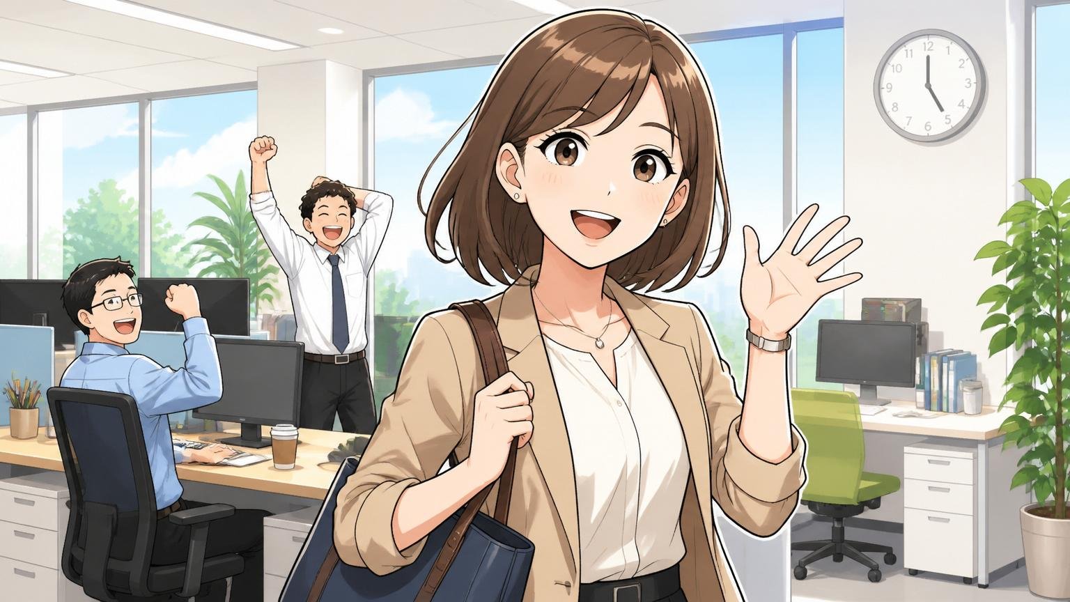 残業と有給の実態、明るいオフィスで定時退社しカバンを持つ笑顔の30代女性エンジニア1人