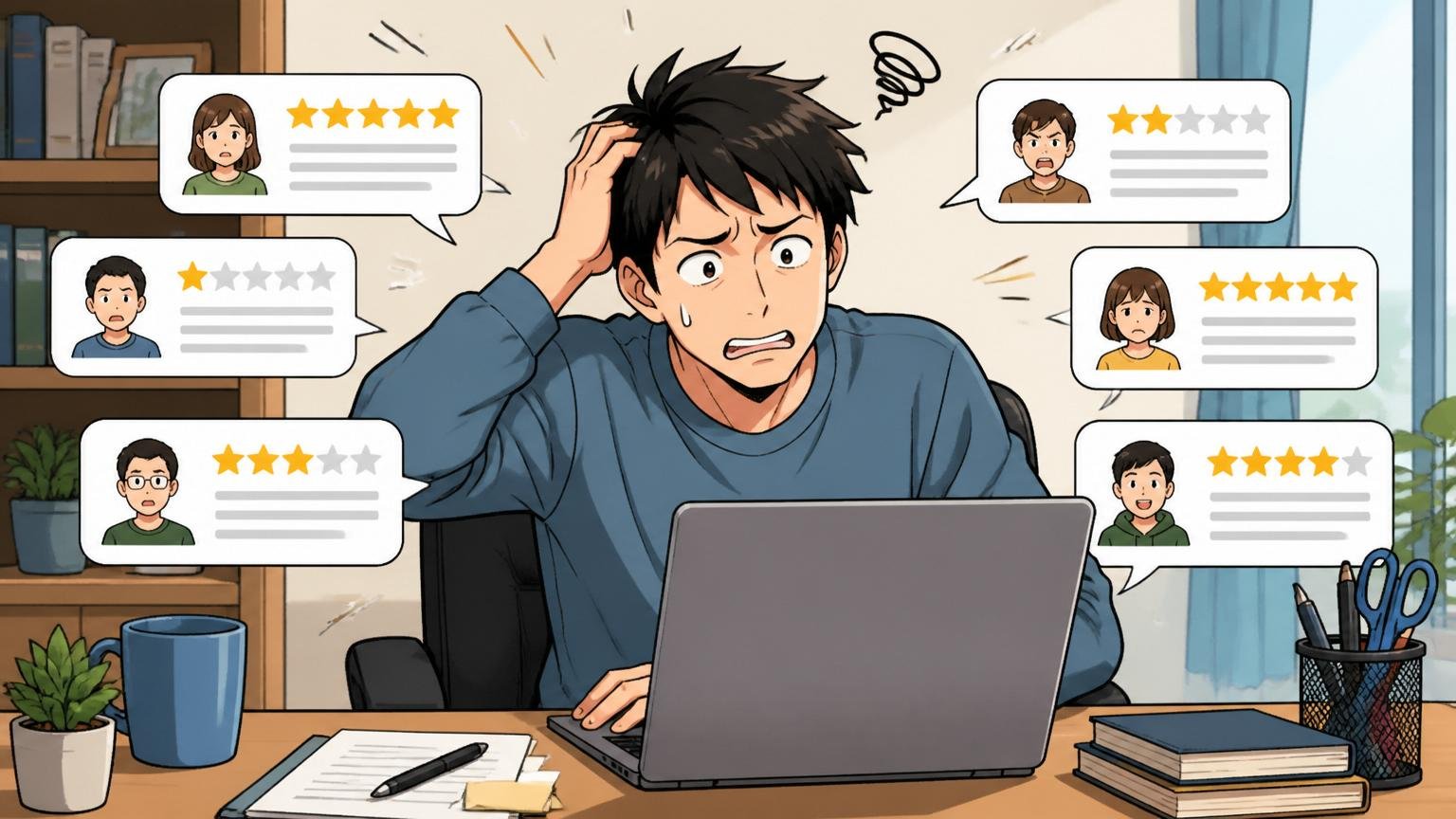 口コミサイトで評価が割れる 自宅のデスクで在宅勤務中の人がノートPCで複数の口コミ評価を見比べ困惑した表情