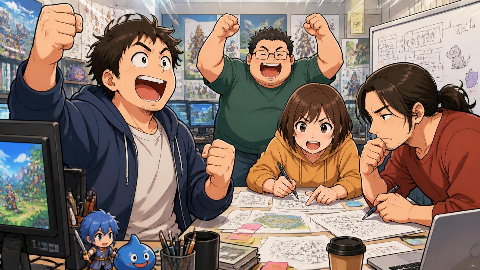 ゲーム開発スタジオで新作のヒットを喜びガッツポーズする開発者と、その隣で次回作の企画書を真剣に練る仲間たち