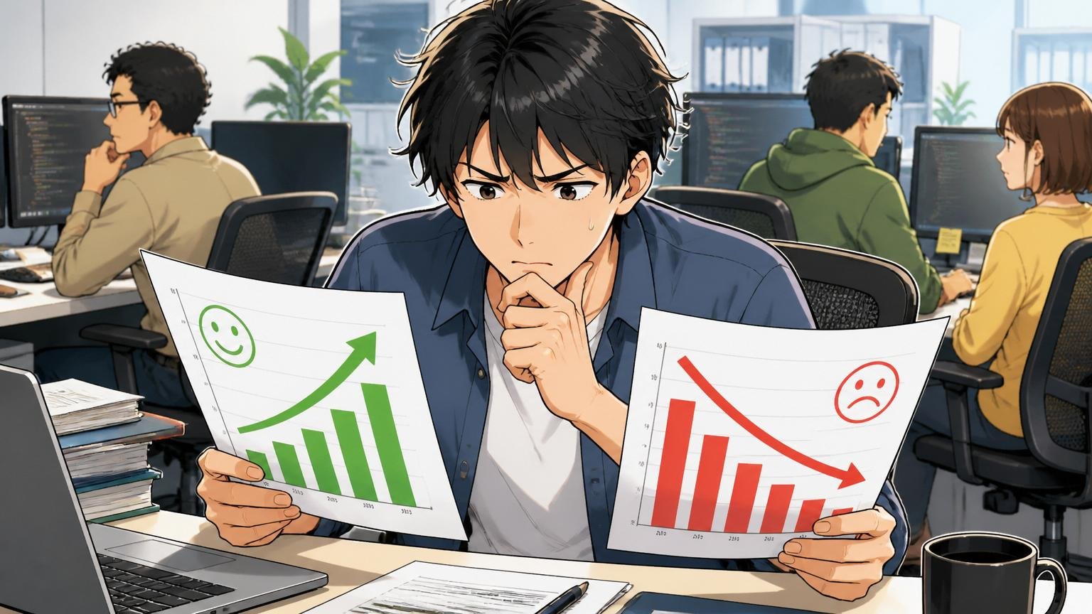 成長環境は高評価、待遇・育成は低評価。IT企業のデスクでエンジニア1人がグラフ資料を見比べて考え込む