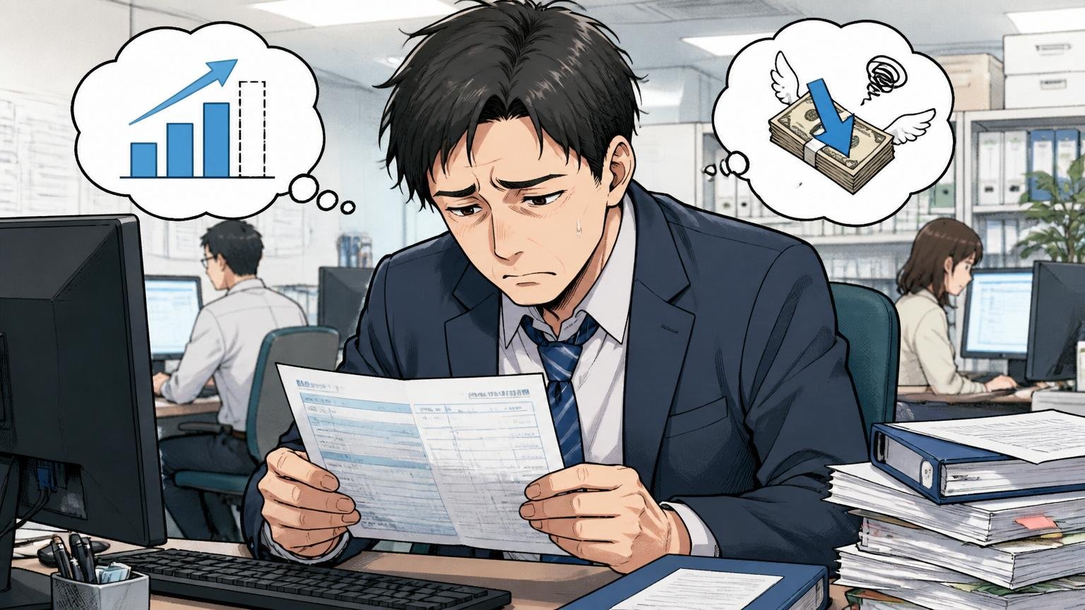 昇給が緩やかで年収が伸びにくい。SIerのオフィスで給与明細を見て肩を落とす30代男性エンジニア1人