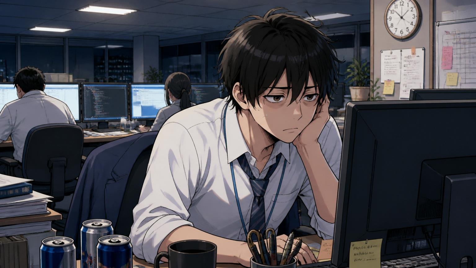 深夜のオフィスでひとり残業しPC画面を見つめる疲れた表情の若手社員、IT企業の暗いフロア