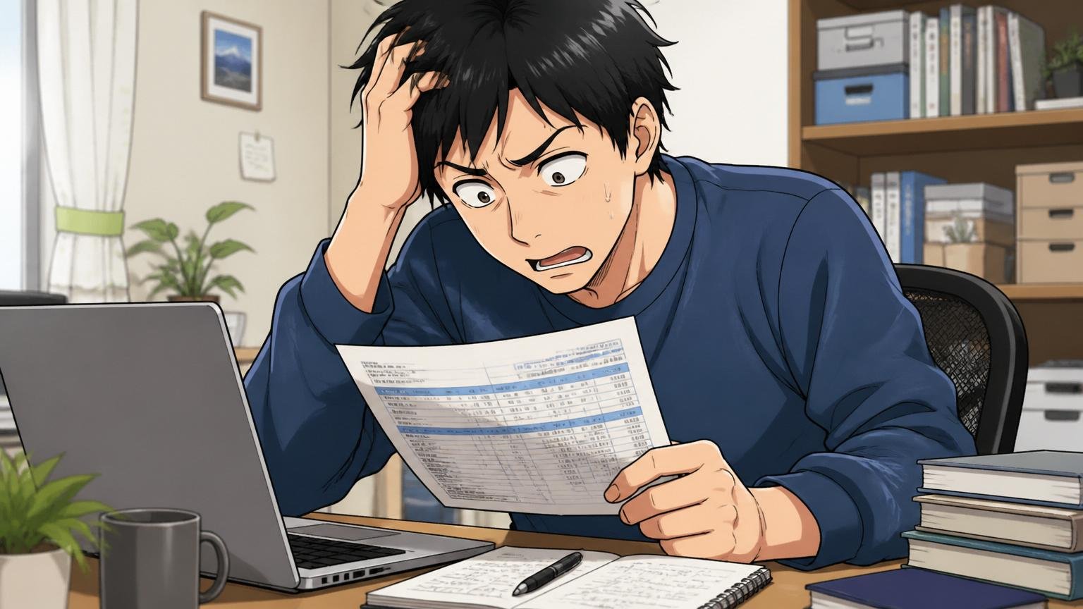 平均年収はどのくらい？「薄給でやばい」は本当か。自宅のデスクで給与明細とノートPCを見比べる30代エンジニアが考え込む