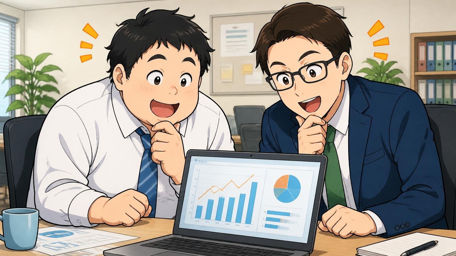 平均年収と勤続年数の客観数値 オフィスでノートパソコンのグラフを見ながら2人の社員が数字に納得してうなずいている