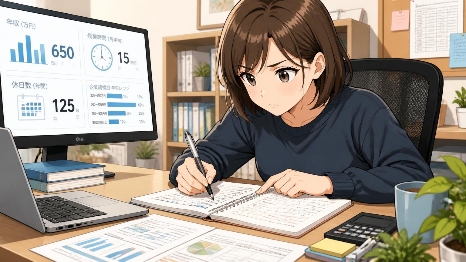 年収・残業・休日の公開データ。自宅のデスクで求人情報の数字をノートにまとめる30代女性エンジニアが集中した表情