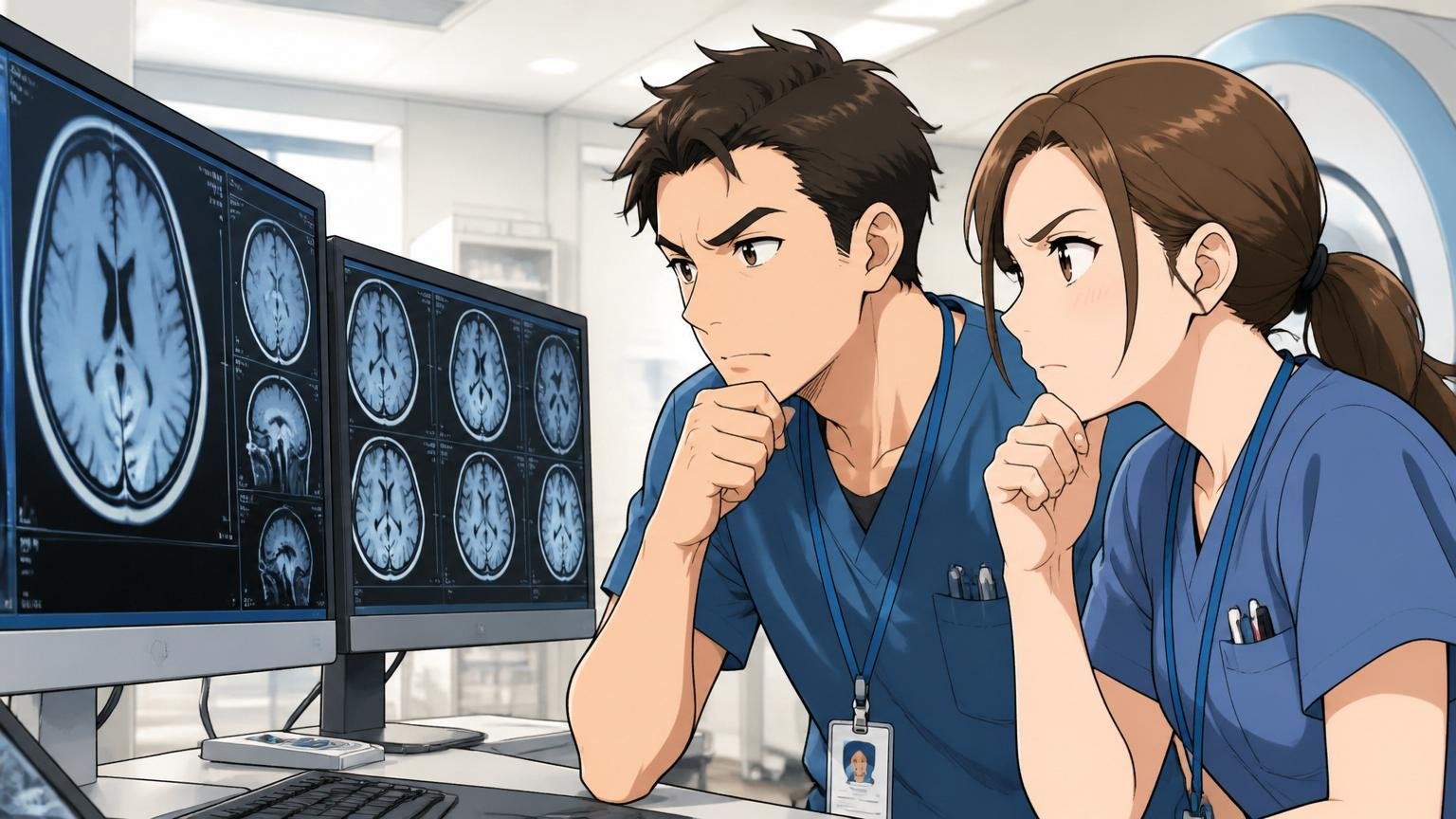 社会的な追い風、病院の脳ドック検査室で医療スタッフ2人が脳MRI画像のモニターを見て真剣にうなずく