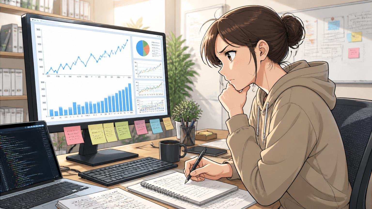 年収データを分析する場面。オフィスのデスクで年収推移のグラフを見ながら考え込む30代女性エンジニア1人