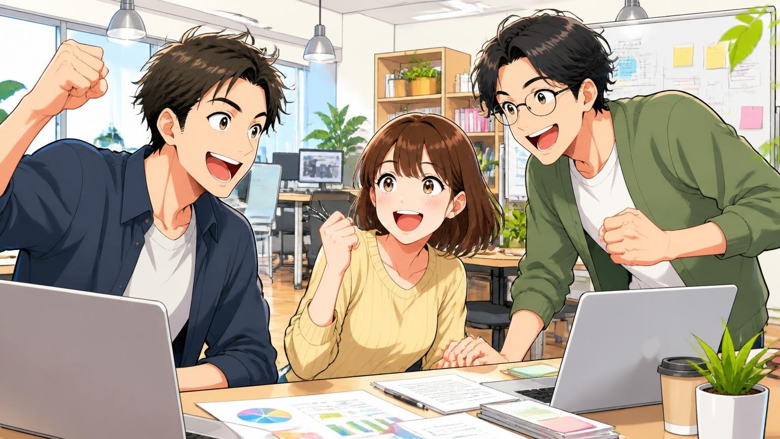 若手社員が活躍する活気あるベンチャー企業のオフィスで、笑顔で働く20代から30代の社員3人