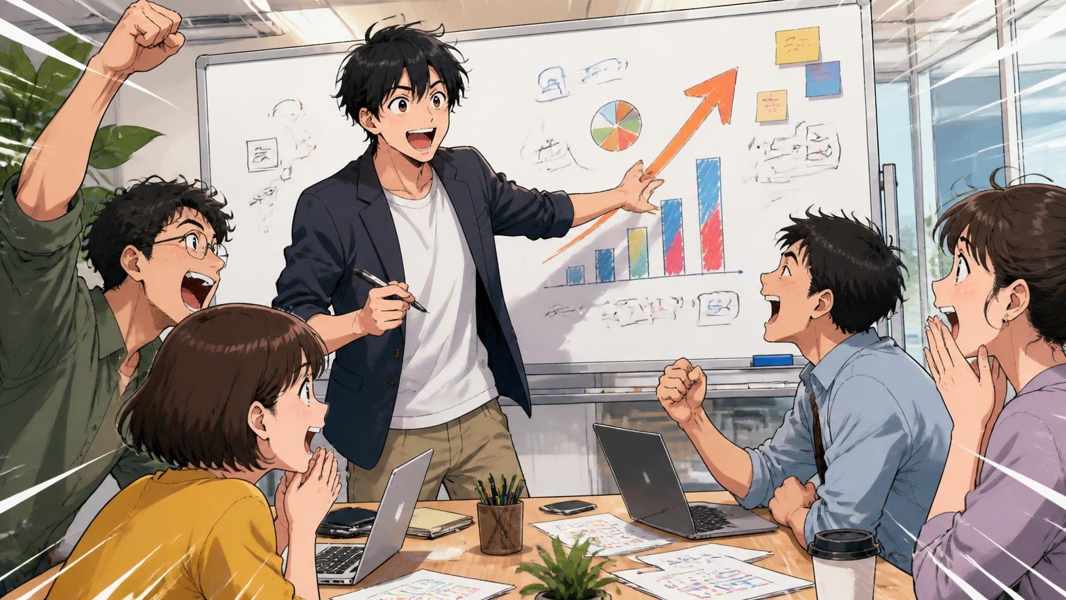 「20代成長環境4.8」の意味を表すアジアのスタートアップオフィスで20代の事業責任者がチームメンバー4名にプレゼンする躍動感ある様子