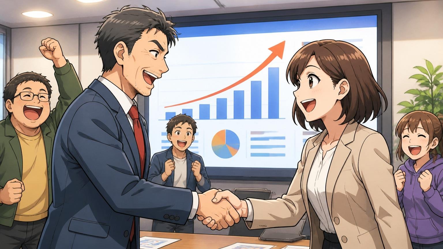 2025年12月期黒字転換。ゲーム会社の会議室で決算スライドの前で笑顔で握手を交わす経営陣風の男女2人