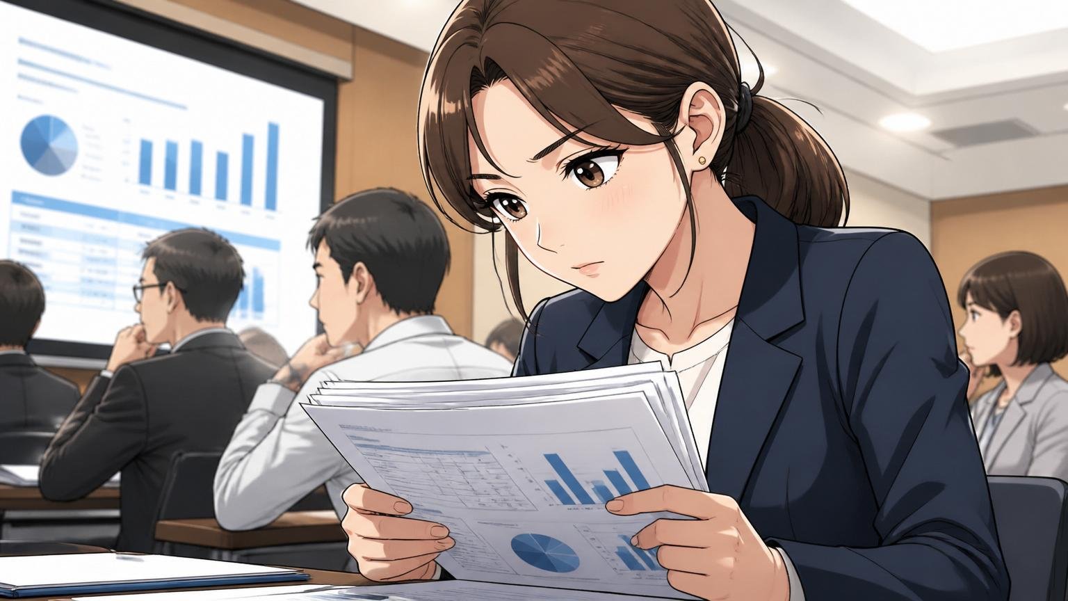 2024年9月期 第3四半期 連結業績の中身|上場企業の決算説明会場で資料を読む30代女性1人、真剣な表情