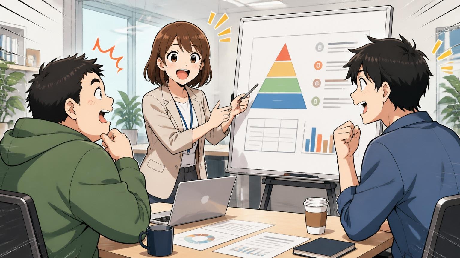 Web系スタートアップのオフィスで人事担当者と従業員1人が評価制度の説明を受ける場面