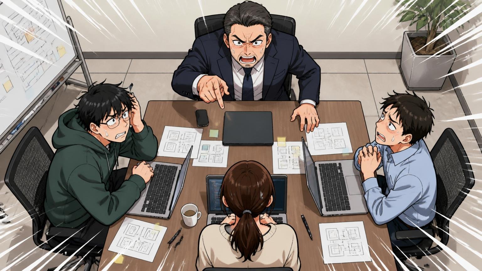 100%トップダウンで社長の意見が絶対という声、Web系スタートアップの会議室で経営陣1人と現場メンバー3人がミーティング、緊張した表情