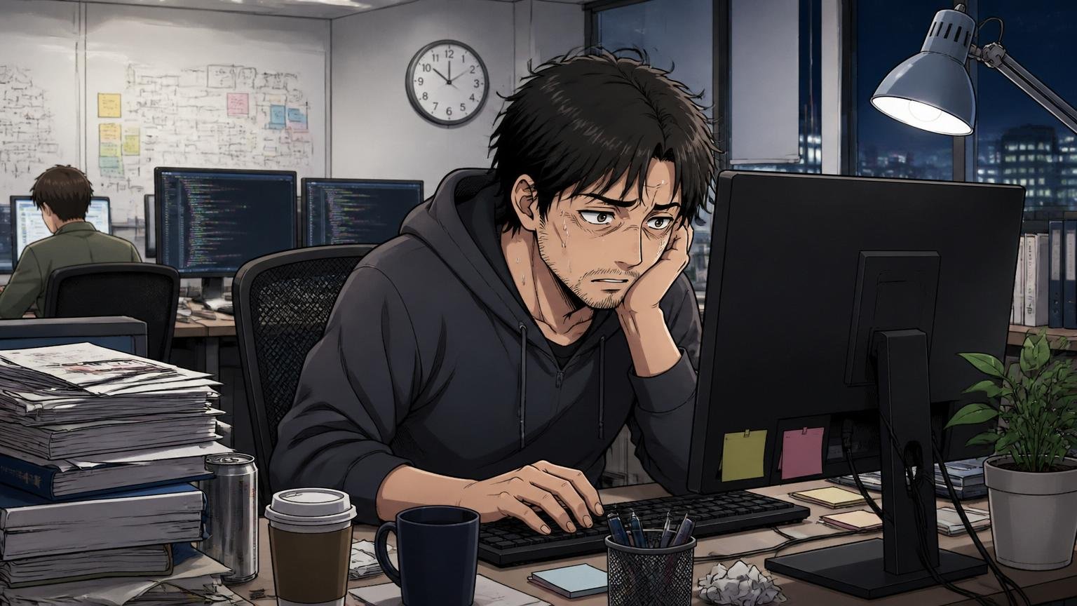 Web系スタートアップのオフィスで30代男性エンジニアが深夜にデスクで疲弊した表情でモニターを見つめる