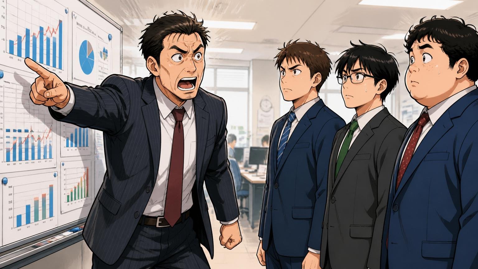 BtoB営業会社の朝礼フロアで数値ボードを指差す上長と直立する若手営業3名
