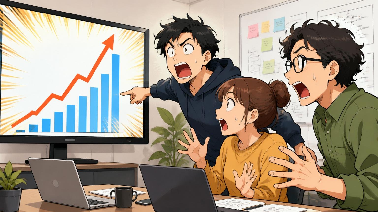 GMV成長率56.7%の意味を解説、Web系スタートアップの会議室、男女エンジニア3名がモニターのグラフを見て驚く