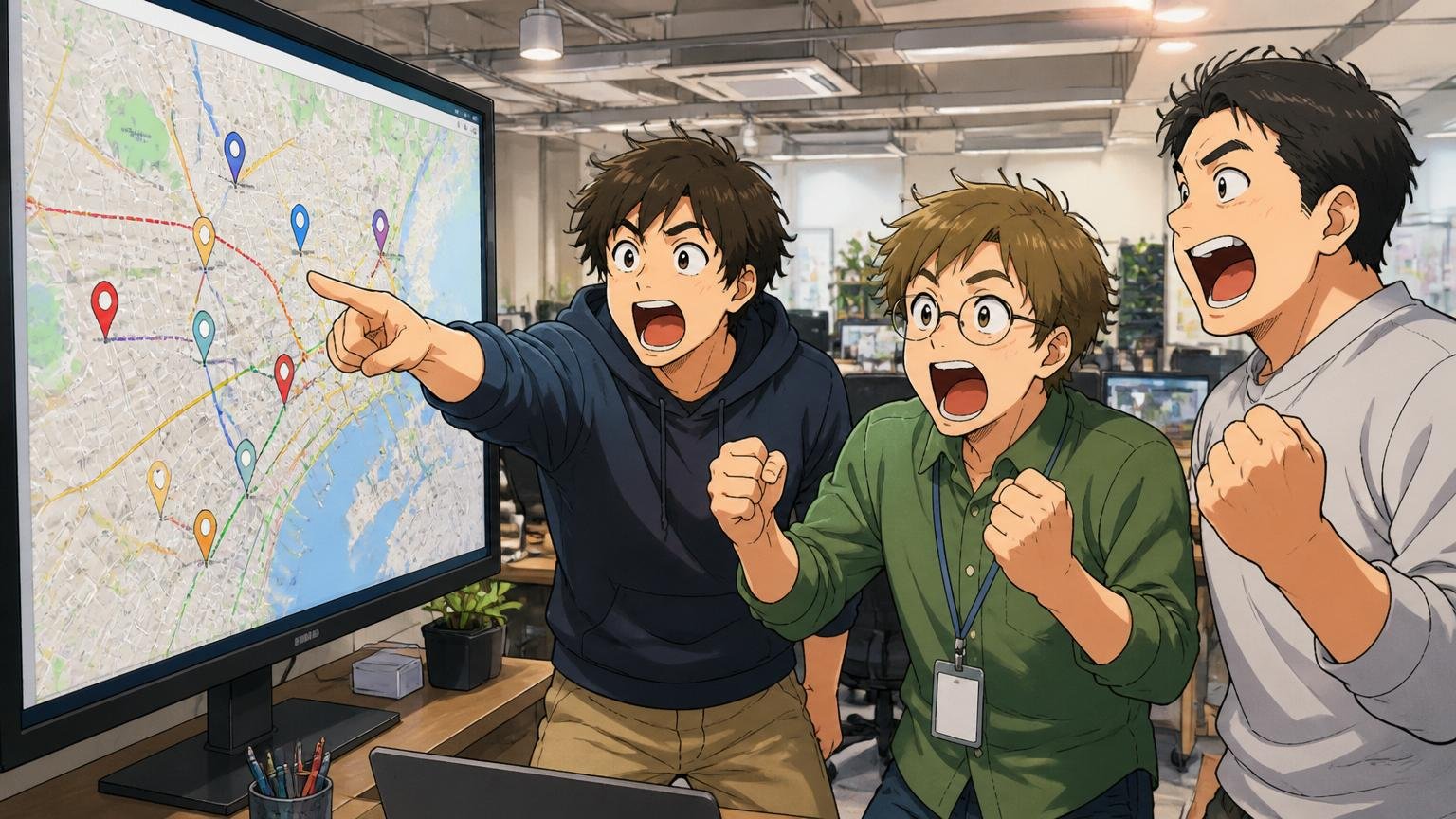 SaaS企業の開発フロアでエンジニア3人が大型モニターに映る位置情報マップを指差し驚いた表情でガッツポーズを取っている