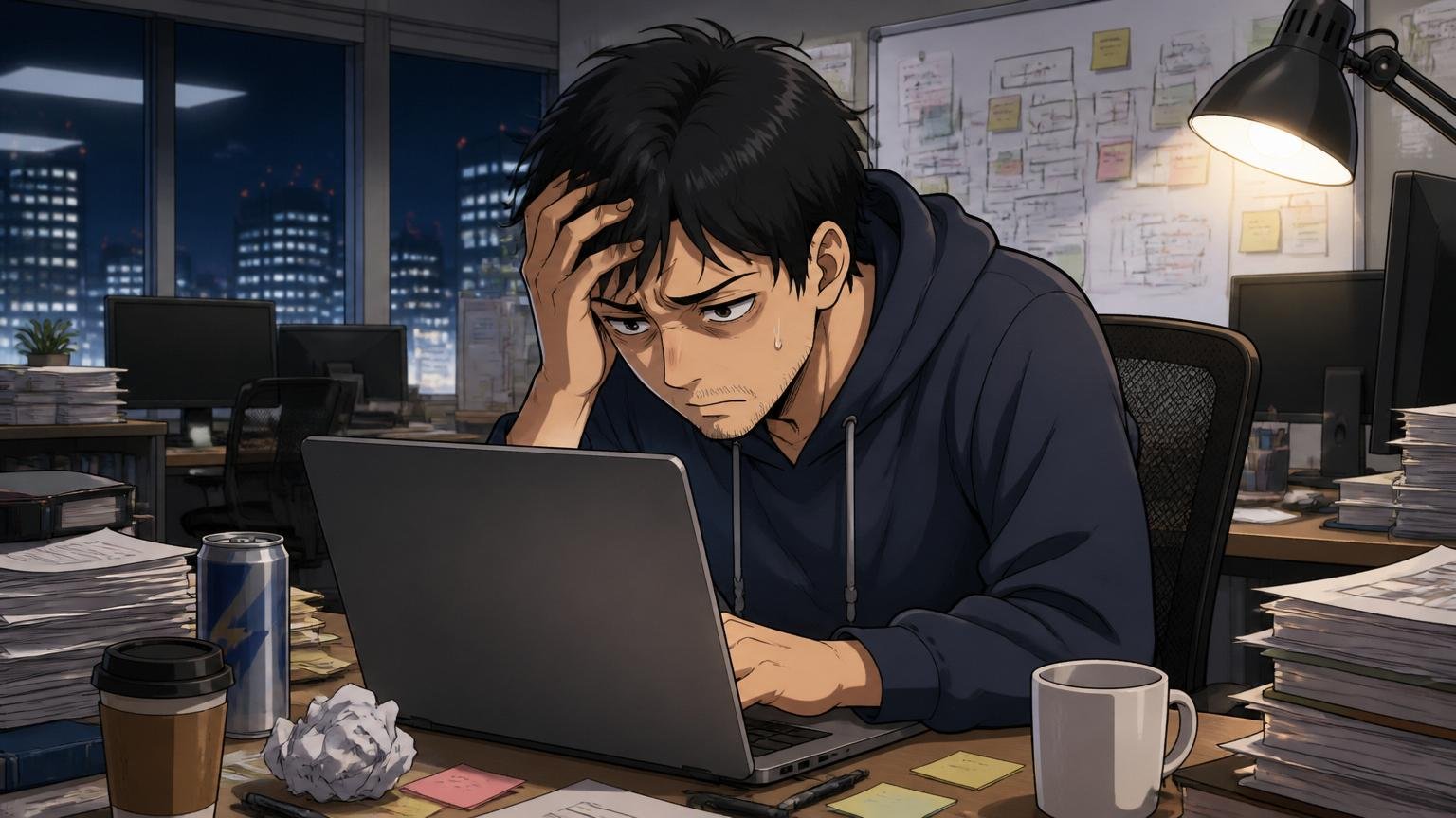 「ハードワーク前提のタスク量」という声。Web系スタートアップのオフィスで30代男性エンジニア1人が、深夜のオフィスで疲れた表情でPC画面を見つめる
