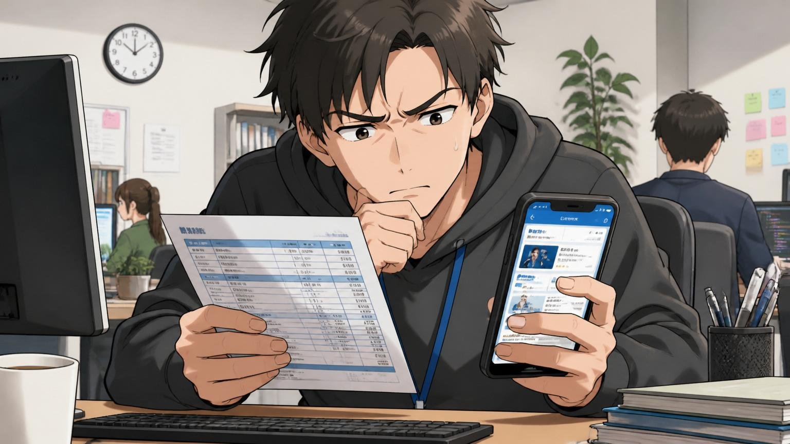 オフィスのデスクで給与明細とスマホの転職サイトを見比べる20代後半男性エンジニアが眉間にシワを寄せる表情