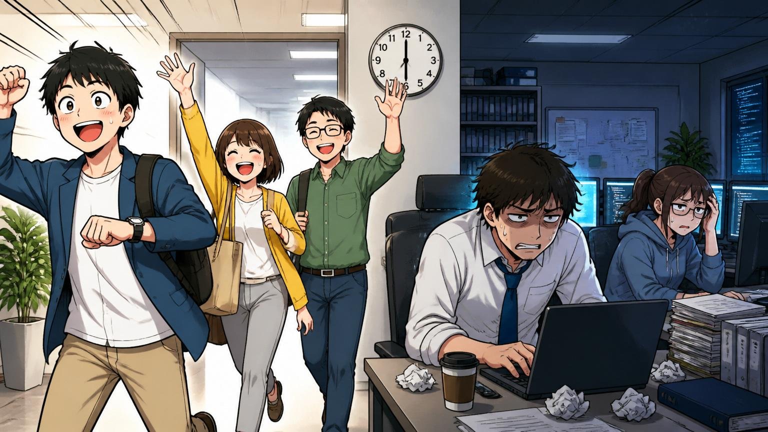 企業のオフィスで定時に退社する3人のエンジニアと夜遅くまで残業する2人のエンジニアが対照的に描かれた職場