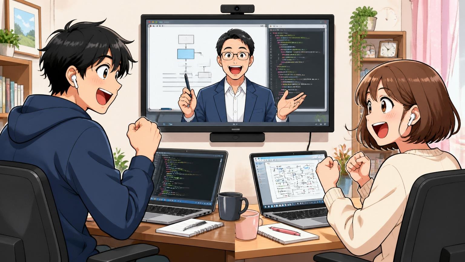 IT企業の研修ルームで自宅から在宅でリモート研修を受ける男女2人のエンジニアと画面越しに講師が映る大型モニター