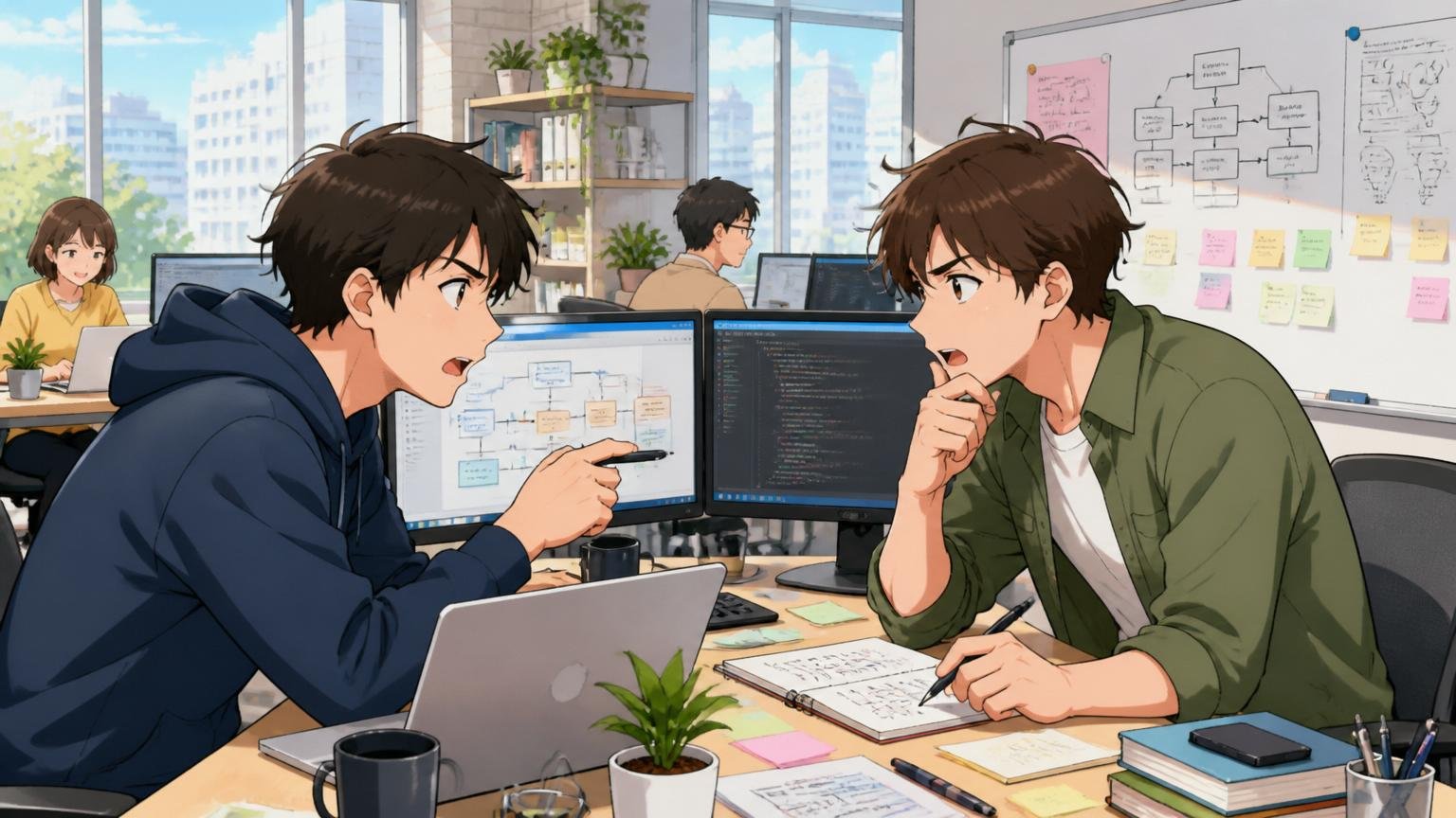 Web系スタートアップのオフィスで20代エンジニア2人が設計レビューを真剣に議論する明るい朝の光景