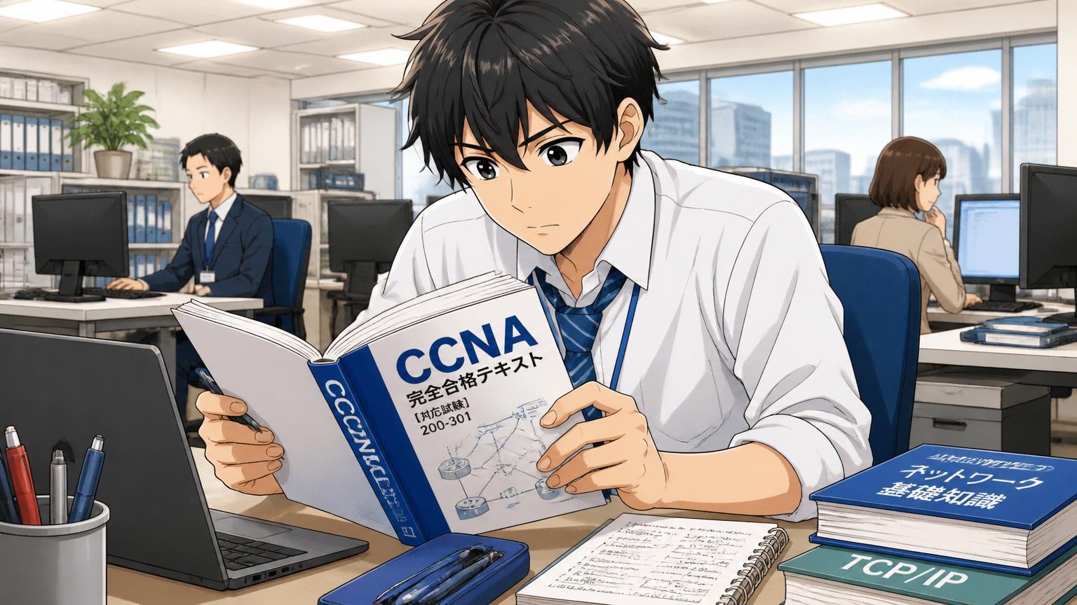 企業の自席でCCNAの参考書を開き資格試験に向けて勉強する20代前半男性社員