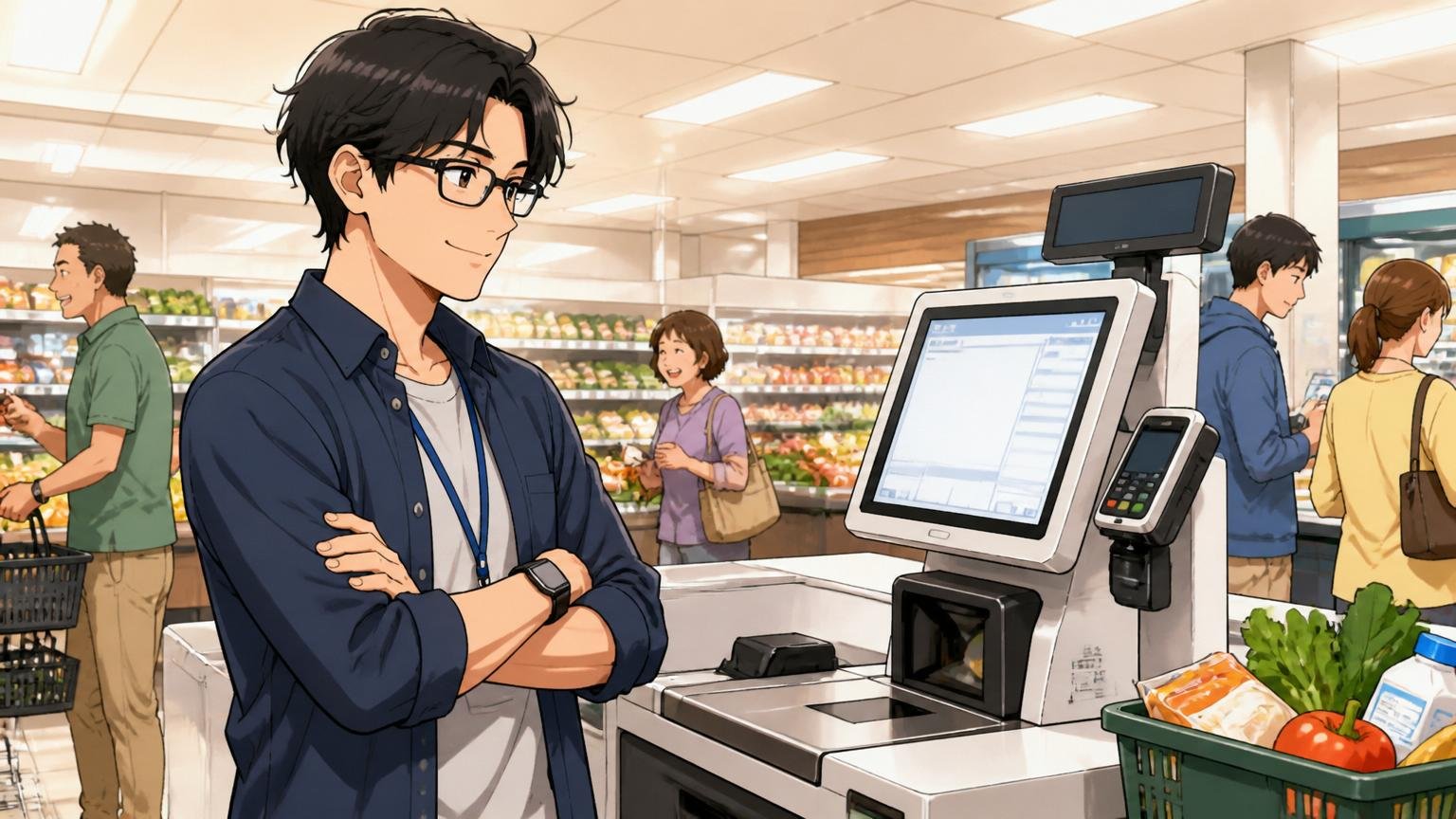 休日のスーパーマーケットで自分が関わったPOSレジを誇らしげに眺める30代男性エンジニア1人が小さく微笑む