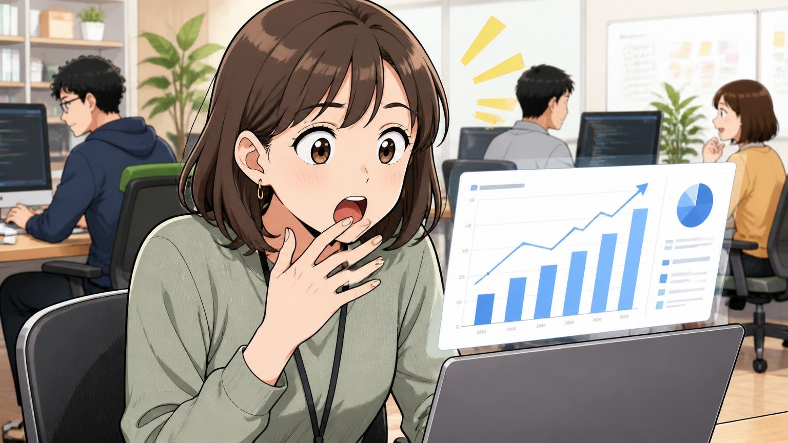Web系スタートアップのオフィスで30代女性エンジニアが平均年収データを見て眉を上げて驚いている