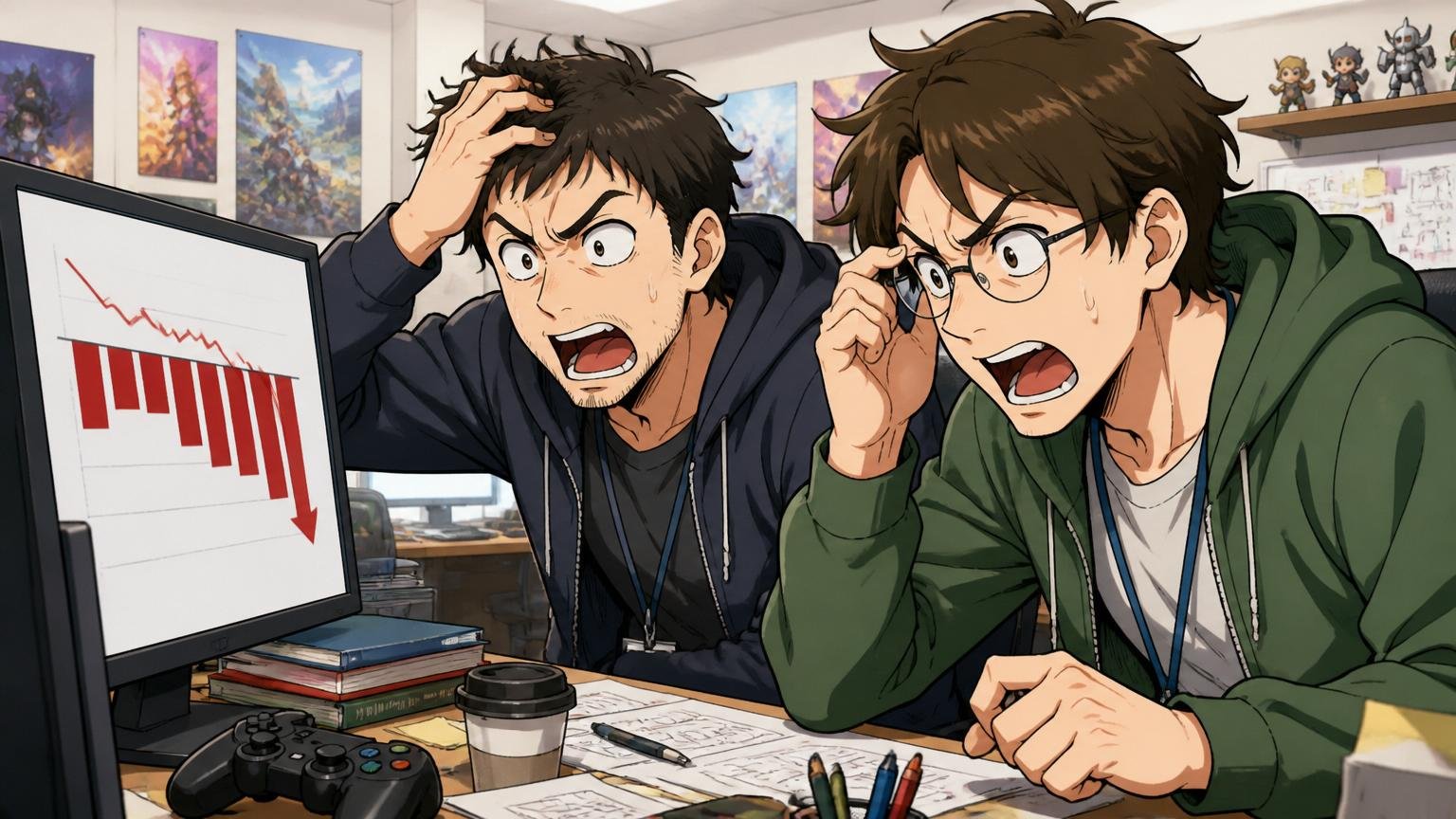 Web系ゲーム会社のオフィスで男性エンジニア2人が決算スライドの赤字グラフを険しい表情で見ている