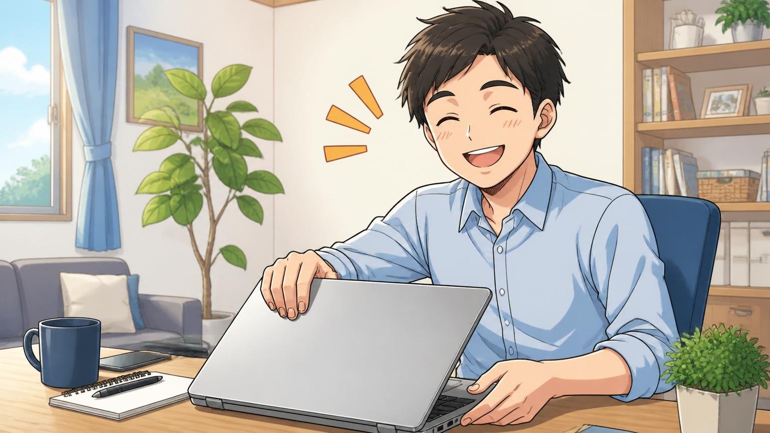 残業時間と有給消化率はサービス業平均よりホワイト寄り。自宅のデスクで在宅勤務中の社員が定時で笑顔でPCを閉じるシーン