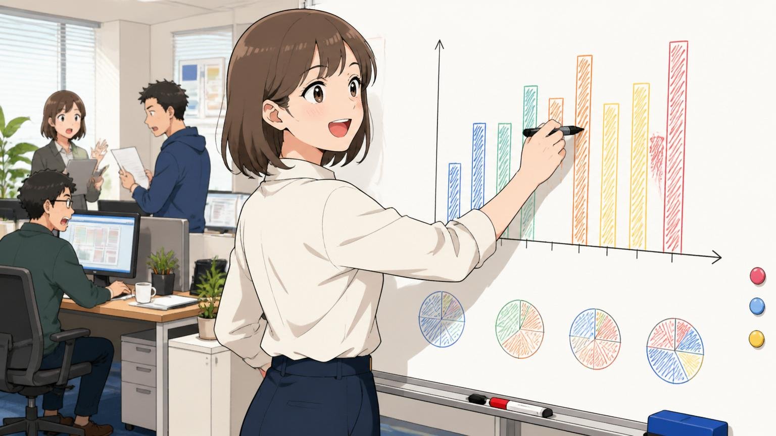 Web系広告会社のオフィスで勤続年数のグラフをホワイトボードに書き並べる30代女性社員1人