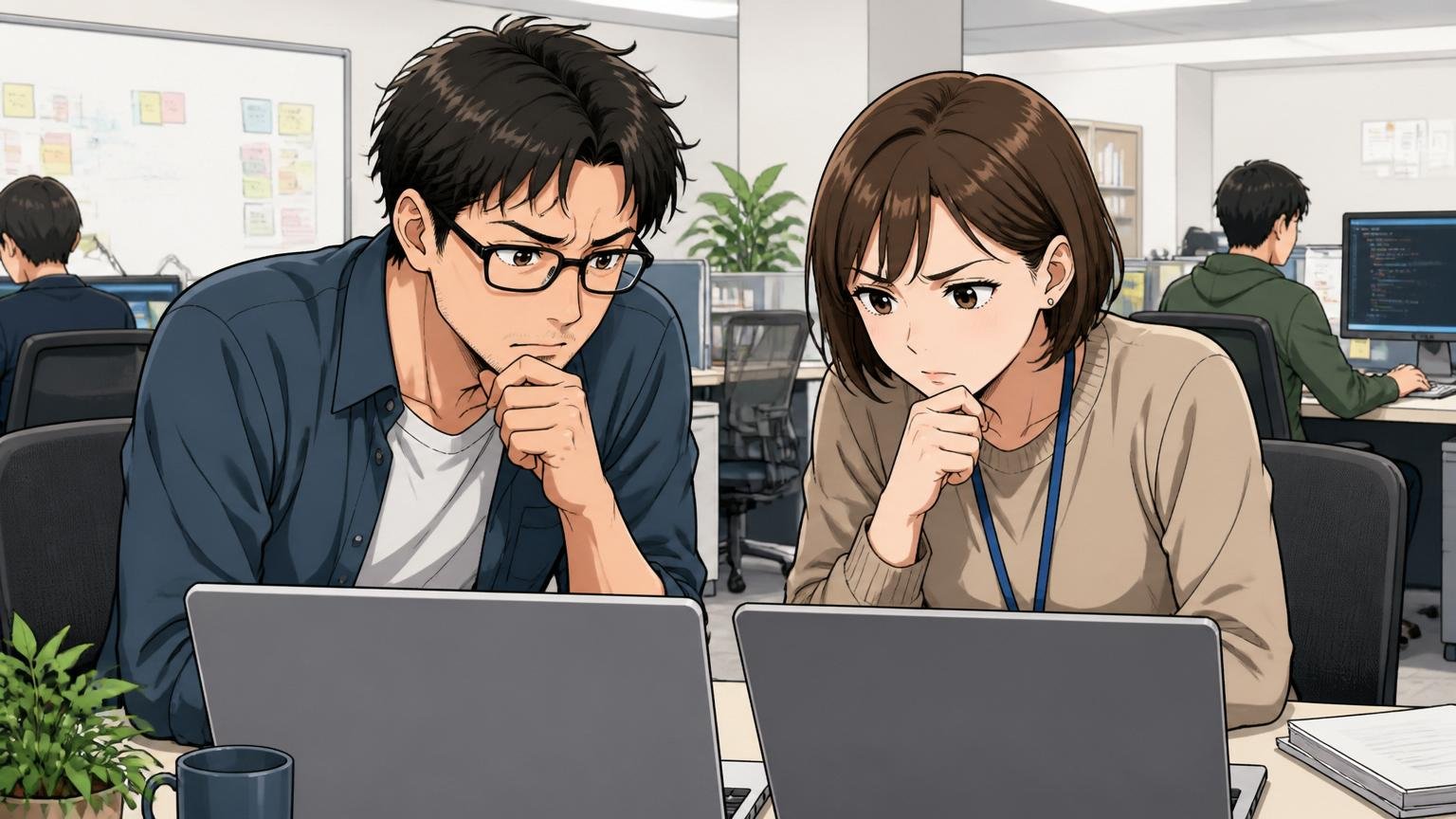 企業のオフィスで30代男性エンジニア1人と30代女性エンジニア1人がノートPCで口コミサイトを比較する真剣な表情