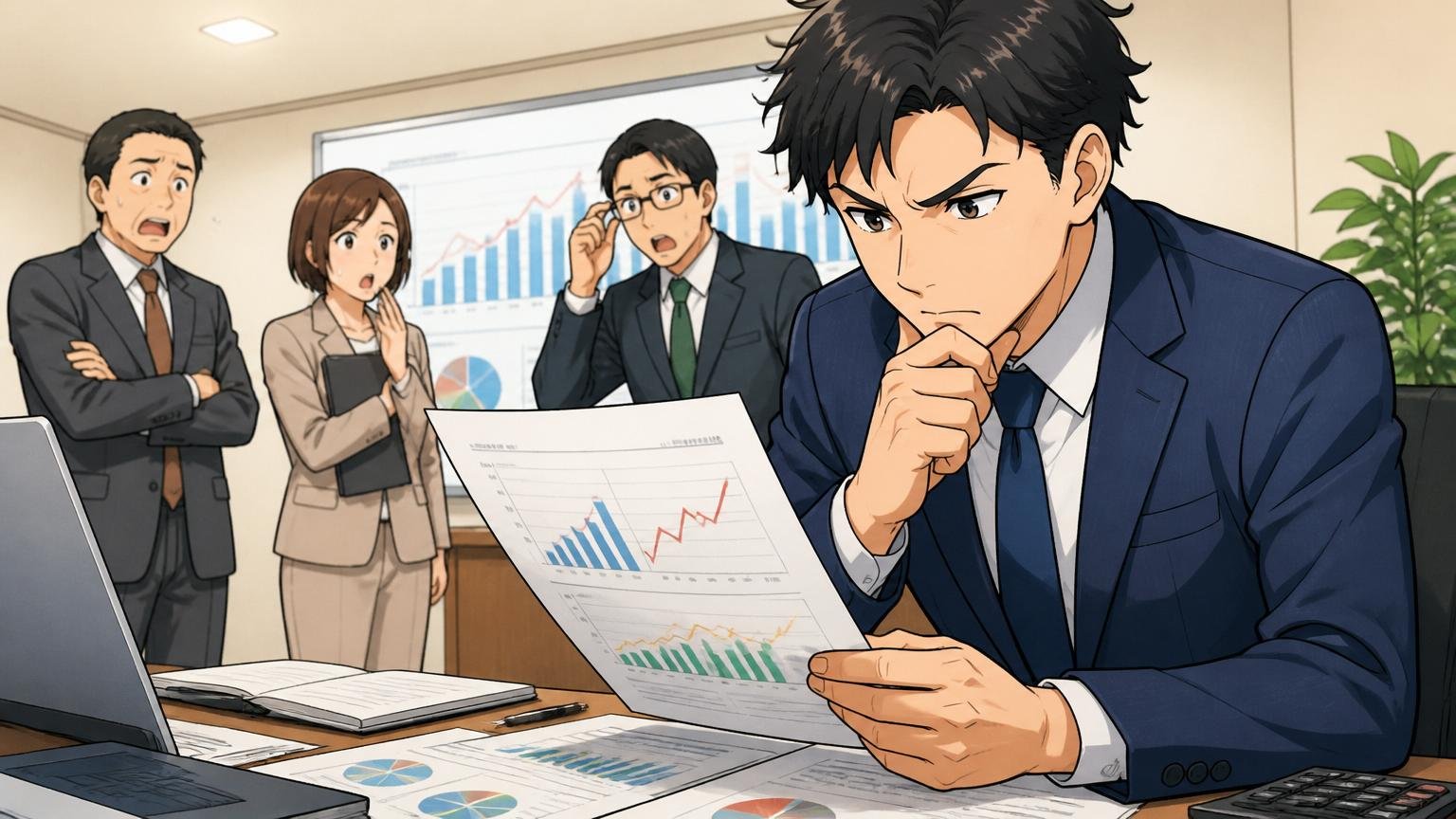 直近5期の売上高・利益推移|企業の会議室で決算資料を真剣に見つめる30代男性アナリスト、慎重な分析の表情