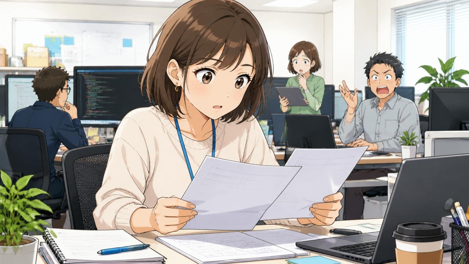 基本情報の整理。Web系企業のオフィスで30代女性エンジニアが書類を確認する