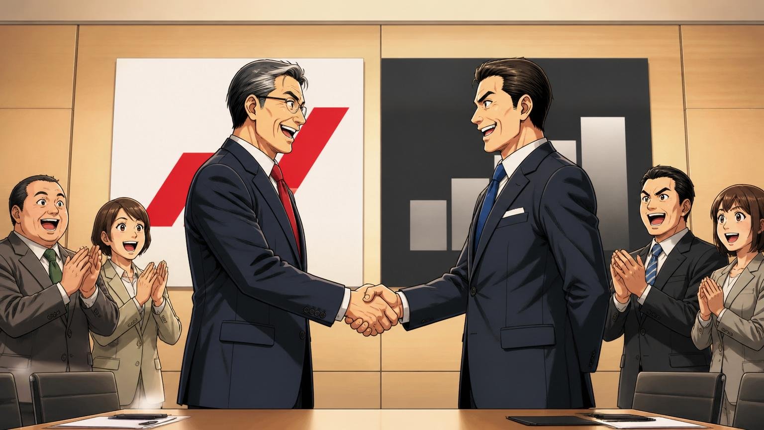企業の会議室で帝人とブラックストーンのロゴをイメージしたパネルを前にスーツの男性役員2名が握手する