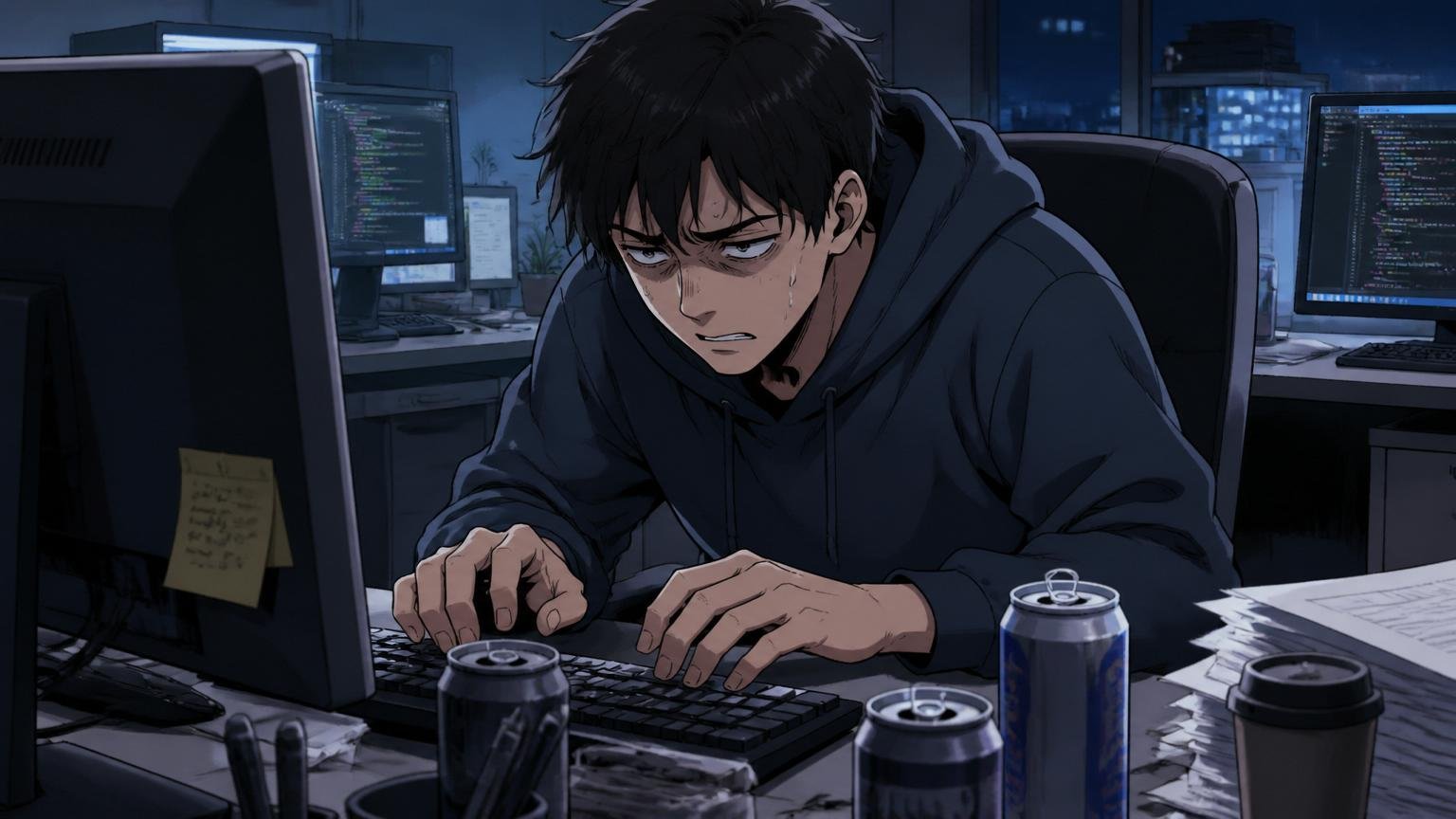 深夜のオフィスのデスクで、20代後半男性エンジニアが疲れた表情でキーボードを打ち続けている薄暗いシーン