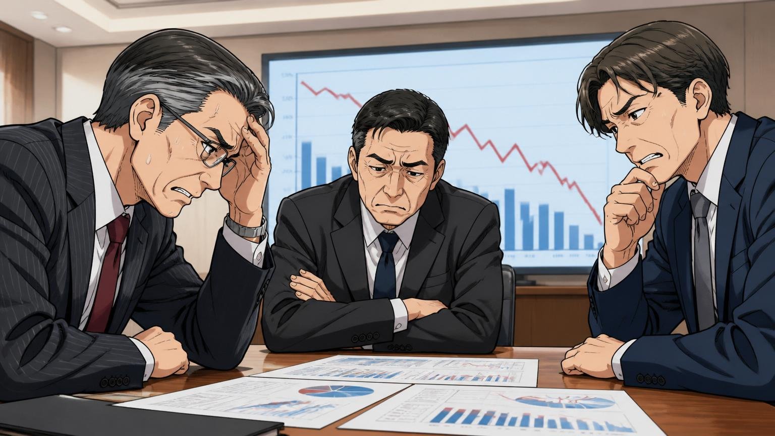 業績下降トレンドを共有する取締役会、企業の会議室で3人が決算資料を見つめ深刻な表情