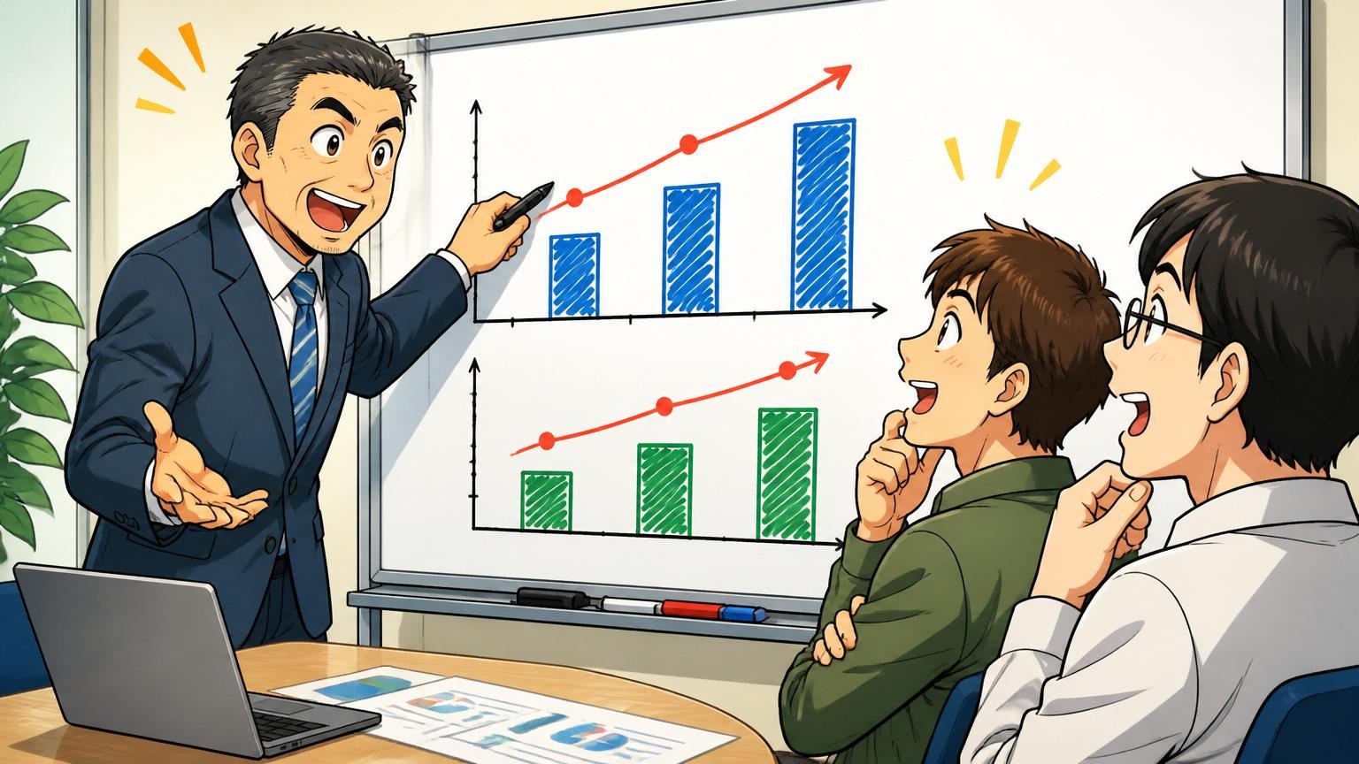 直近3期の売上・営業利益推移（数字で見る）。SIerの会議室でホワイトボードに決算グラフを描きながら説明する40代男性と頷く2人の若手エンジニア