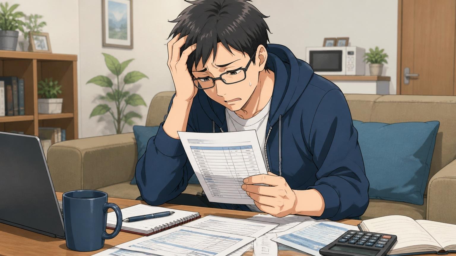 給料が上がらないという声 自宅のリビングで給与明細を見ながら肩を落とす30代男性エンジニア