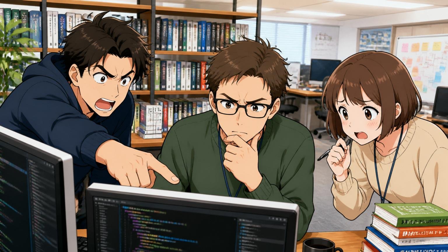 第三者調査での評価。建設DX企業のエンジニアフロアで3人のエンジニアがコードレビューに集中する姿、技術書が並ぶ本棚